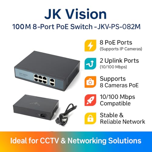 JK Vision 100M 8 Port PoE Switch JKV-PS-082M POE Injector Switch 10 Ports (2 uplink 8 Camera POE) 10/100mbps Compatible with J.K.Vision - Image 2