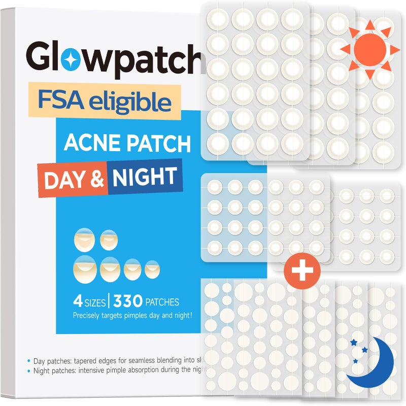 Glowpatch Pimple Patches for Face, Invisible Acne Patches 330 Count, Daytime Ultra Thin Spot Stickers for Covering Blemishes, Original Hydrocolloid Zit Patch 4 Sizes for Overnight Care (Day + Night) - Image 1