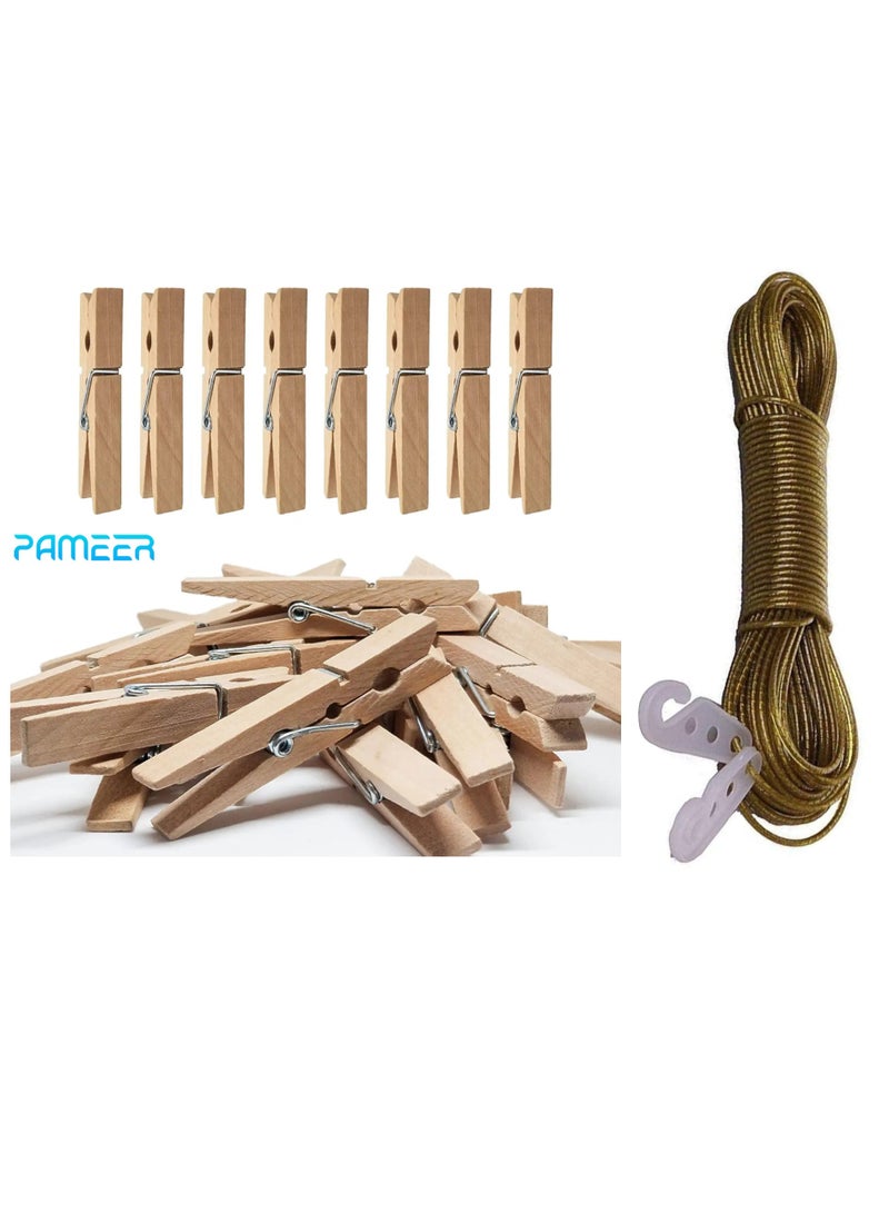 PAMEER 20-Pcs Wooden Clothes Pins and 20 Meter PVC Coated Steel Cloth Drying Wire Rope Clothesline,  Anti Rust Clips Bamboo Clothes Pegs and Clothesline for Laundry Cloth Drying.  - Image 1