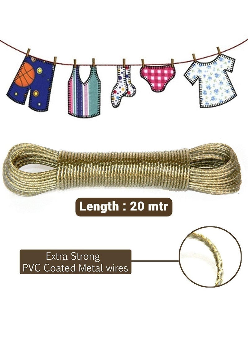PAMEER 20-Pcs Wooden Clothes Pins and 20 Meter PVC Coated Steel Cloth Drying Wire Rope Clothesline,  Anti Rust Clips Bamboo Clothes Pegs and Clothesline for Laundry Cloth Drying.  - Image 2