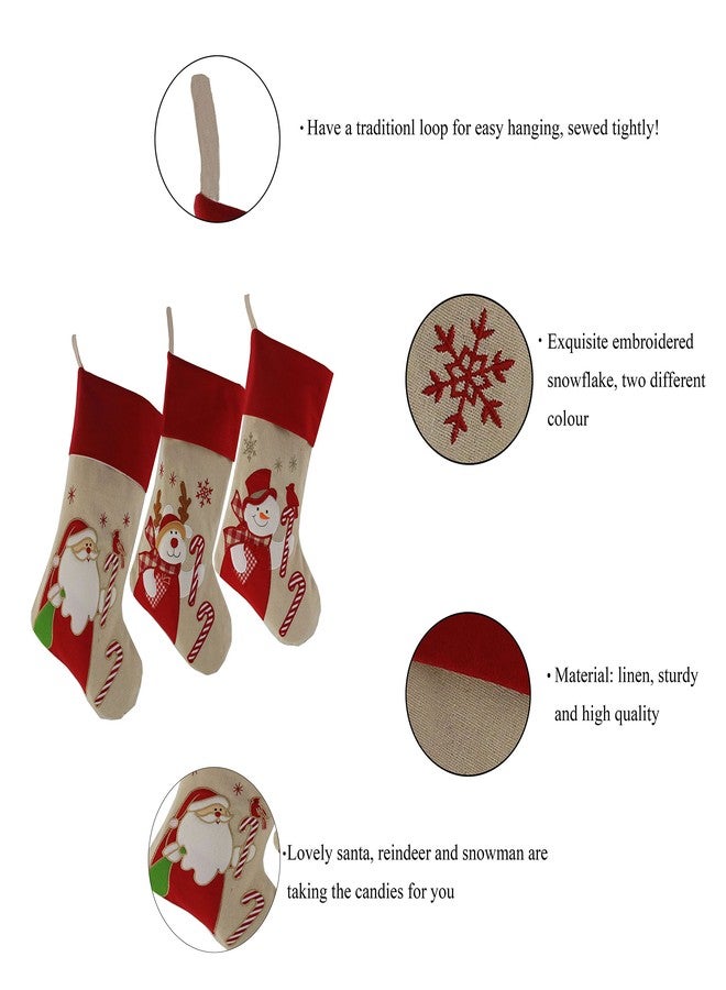 WEWILL Lovely Christmas Stockings Set of 3 Santa, Snowman, Reindeer, Xmas Character 3D Plush Linen Hanging Tag Knit Border, 17 Inch - Image 4