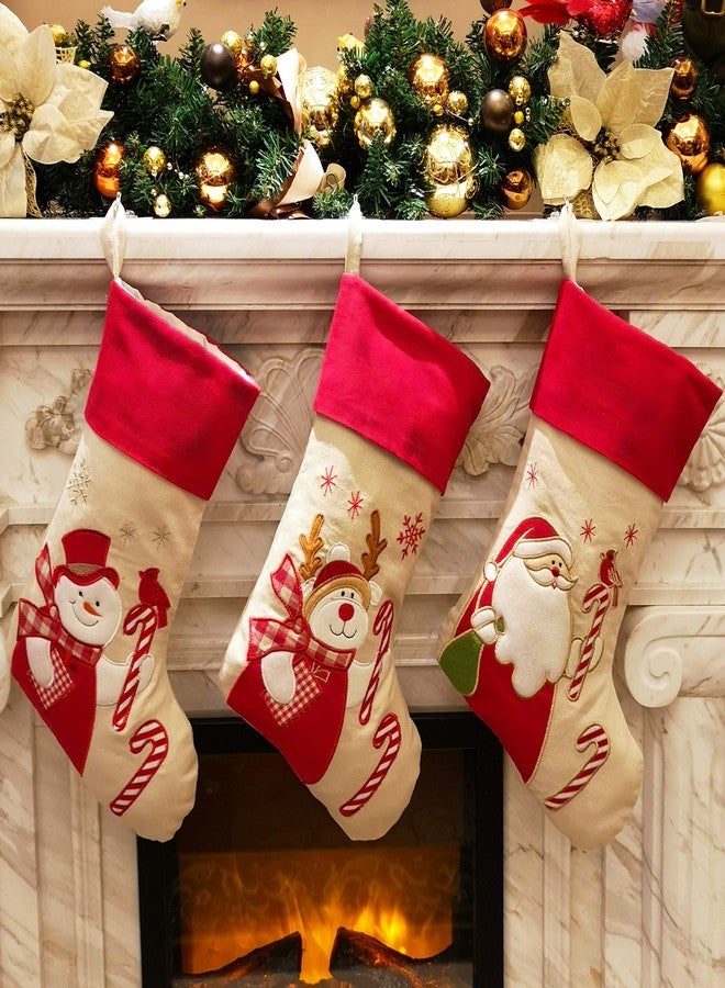 WEWILL Lovely Christmas Stockings Set of 3 Santa, Snowman, Reindeer, Xmas Character 3D Plush Linen Hanging Tag Knit Border, 17 Inch - Image 2