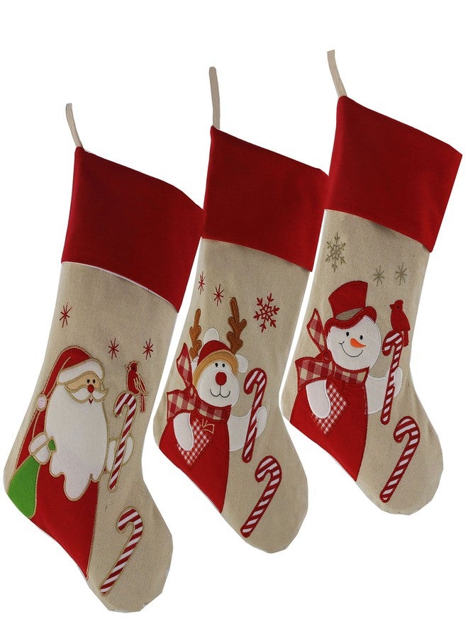 WEWILL Lovely Christmas Stockings Set of 3 Santa, Snowman, Reindeer, Xmas Character 3D Plush Linen Hanging Tag Knit Border, 17 Inch - Image 1