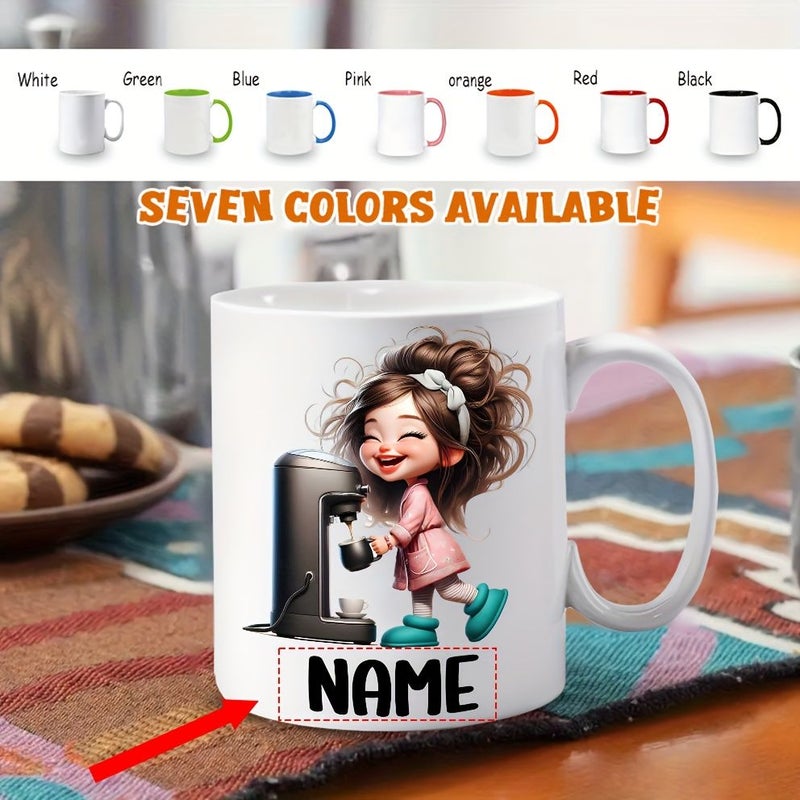 1 قطعة كوب سيراميك أبيض لطيف لفتاة تصب القهوة 11 أونصة قابل للتخصيص بالاسم تصميم كرتوني جذاب قابل لإعادة الاستخدام ومتين 7 خيارات ألوان لأعياد الميلاد والعطلات لعشاق القهوة إكسسوارات مقهى أواني شرب للعطلات - Image 1