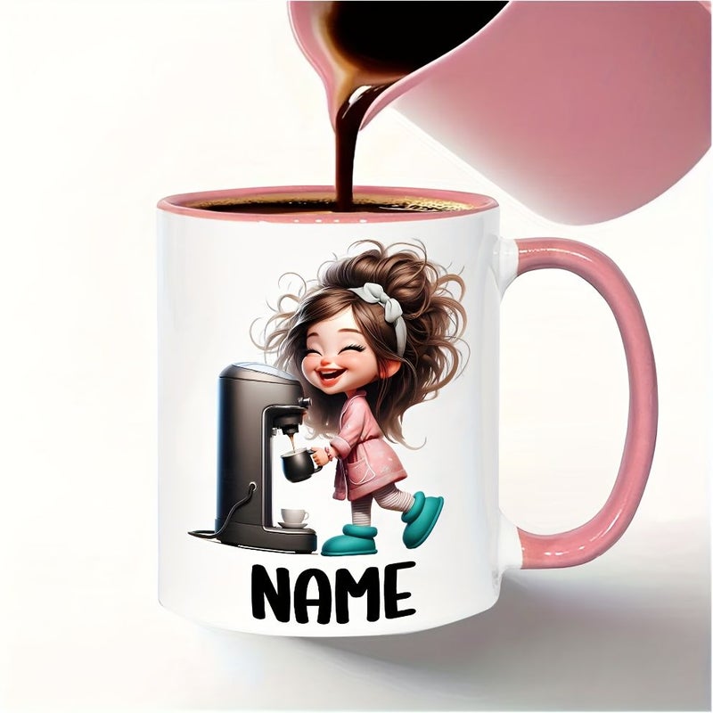 1 قطعة كوب سيراميك أبيض لطيف لفتاة تصب القهوة 11 أونصة قابل للتخصيص بالاسم تصميم كرتوني جذاب قابل لإعادة الاستخدام ومتين 7 خيارات ألوان لأعياد الميلاد والعطلات لعشاق القهوة إكسسوارات مقهى أواني شرب للعطلات - Image 4