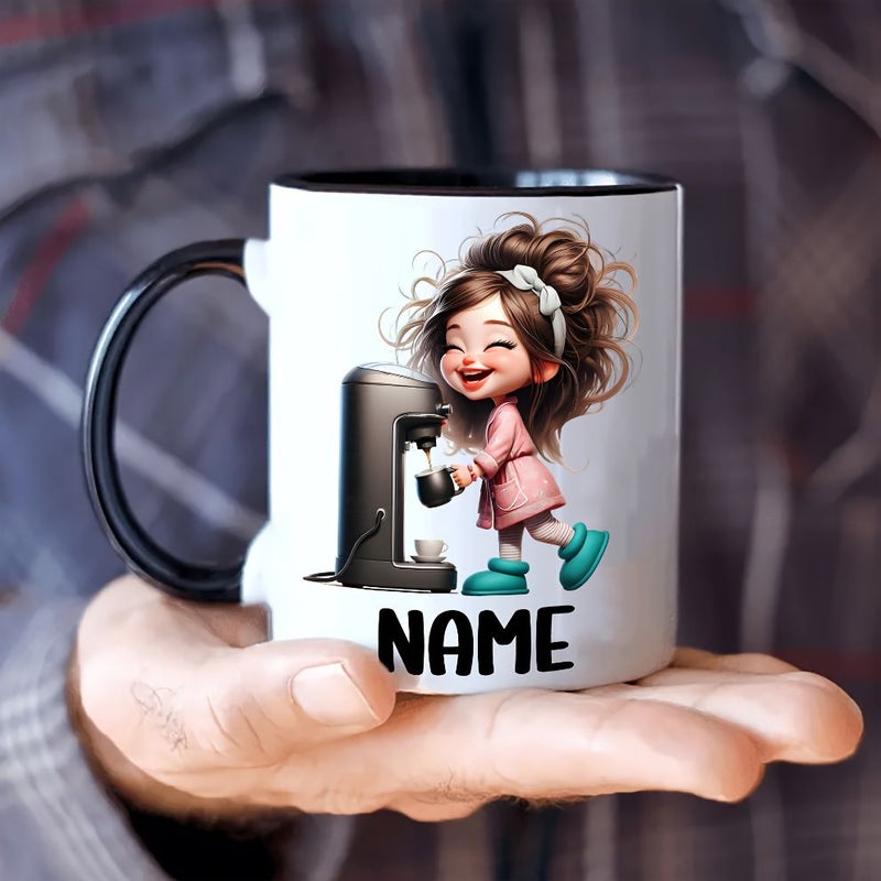 1 قطعة كوب سيراميك أبيض لطيف لفتاة تصب القهوة 11 أونصة قابل للتخصيص بالاسم تصميم كرتوني جذاب قابل لإعادة الاستخدام ومتين 7 خيارات ألوان لأعياد الميلاد والعطلات لعشاق القهوة إكسسوارات مقهى أواني شرب للعطلات - Image 2