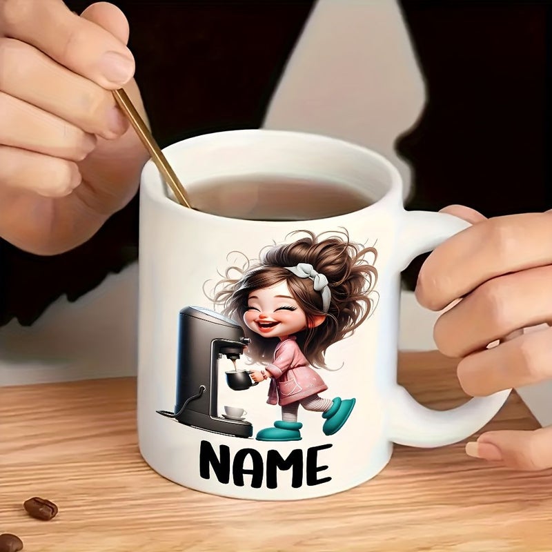 1 قطعة كوب سيراميك أبيض لطيف لفتاة تصب القهوة 11 أونصة قابل للتخصيص بالاسم تصميم كرتوني جذاب قابل لإعادة الاستخدام ومتين 7 خيارات ألوان لأعياد الميلاد والعطلات لعشاق القهوة إكسسوارات مقهى أواني شرب للعطلات - Image 3