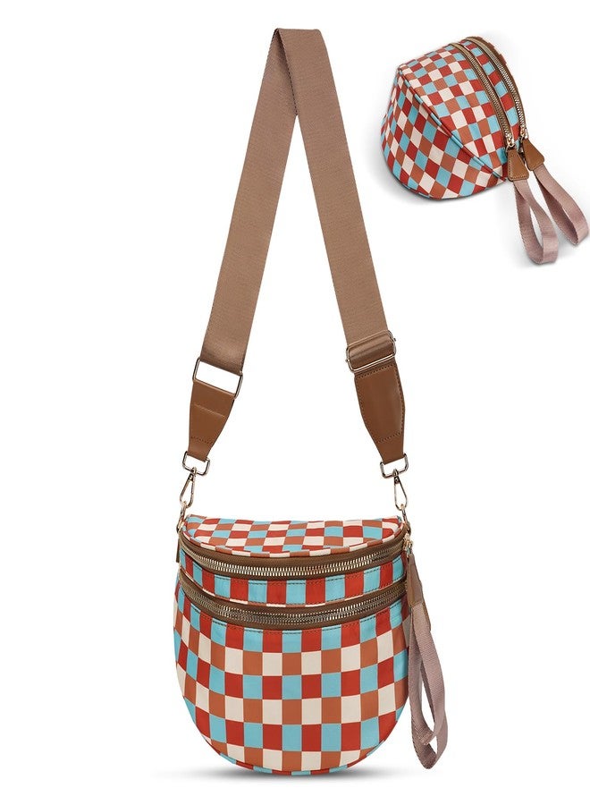 idoltimes Checkered Crossbody Bag,Nylon Bum Bags for Women Crossbody,Spacious Sling Bag Purse Fanny Packs with Shoulder Strap, Farbe-braun - Image 1