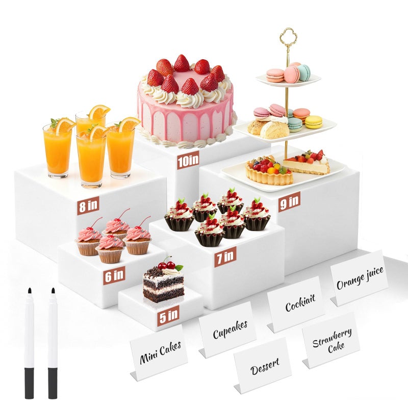 SOCAENS 6Pcs Buffet Risers with Mini Sign and Maker, 6 Size Food Risers for Buffet Table, Catering Dessert Cake Stand for Party, Collectibles Jewelry Display Stand, White Cube Boxes Nesting Risers(10",9",8",7 - Image 1