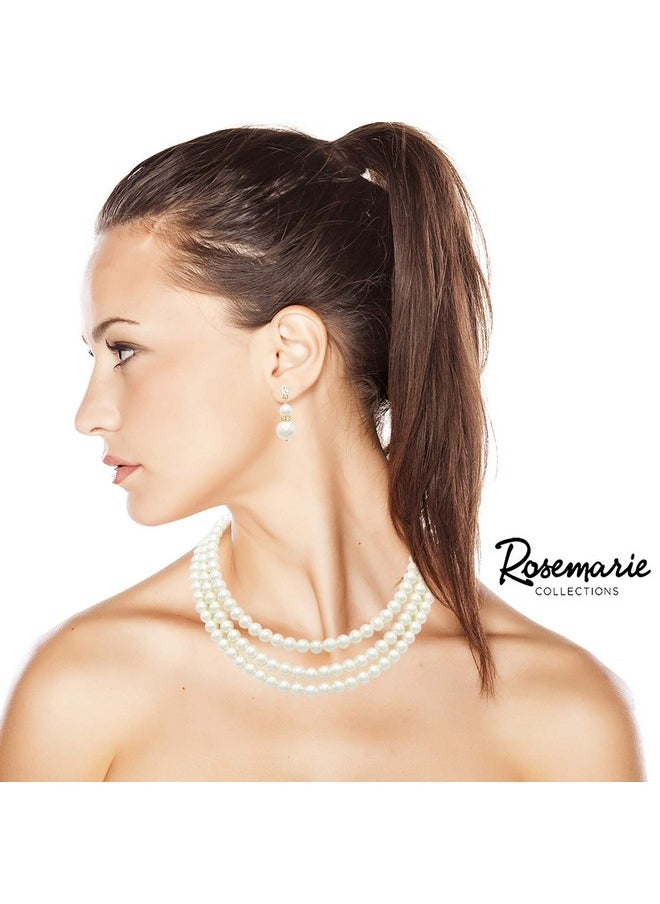 Rosemarie Collections - Women'S Multi Strand Classic Cream Faux Pearl Necklace And Earrings Jewelry Set, 16"-19" With 3" Extender (Cream/Gold Tone) - Image 1