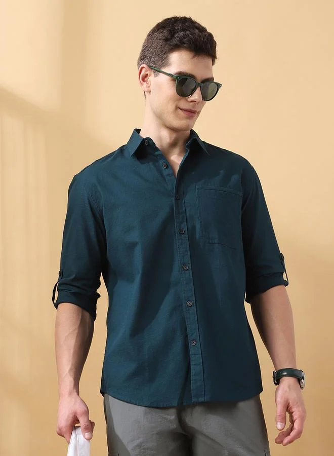 دينيس لينغو Men's Dark Green Cotton Blend Solid Pattern Button Down Regular FiT-Shirt