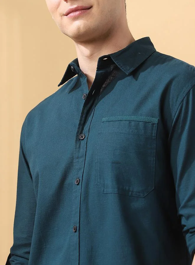 دينيس لينغو Men's Dark Green Cotton Blend Solid Pattern Button Down Regular FiT-Shirt