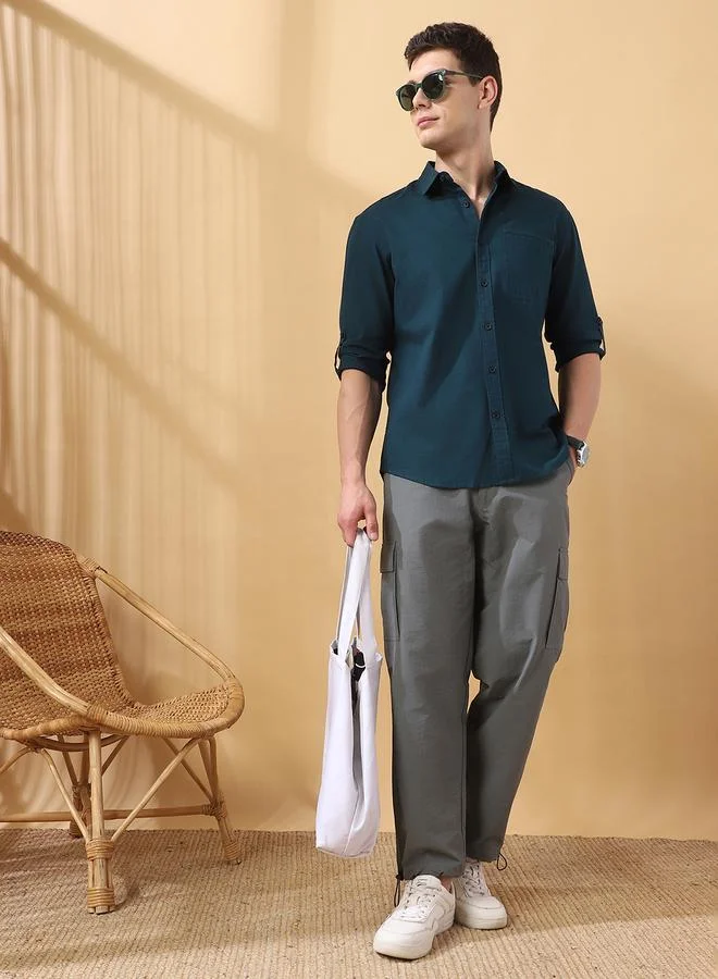 دينيس لينغو Men's Dark Green Cotton Blend Solid Pattern Button Down Regular FiT-Shirt