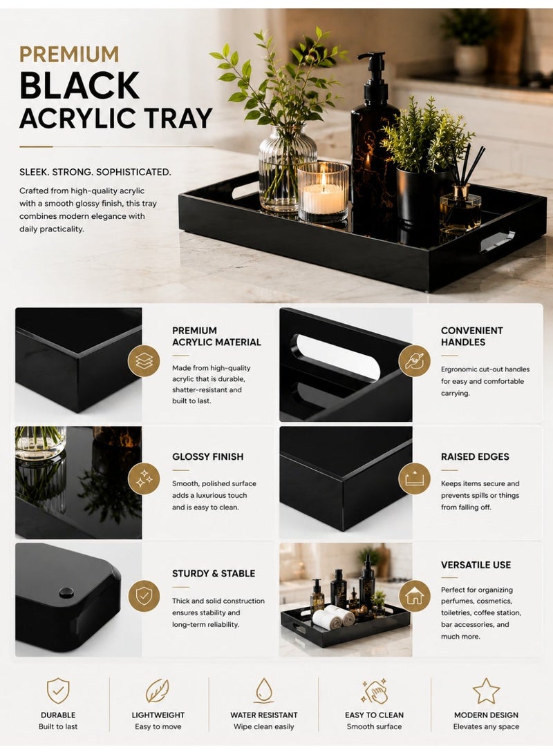 Eworld Premium Black Acrylic Serving Tray with Handles – Decorative Vanity Organizer Tray for Coffee Table, Kitchen Counter, Bathroom & Perfume Display (15.2 x 11 Inch) - Image 2
