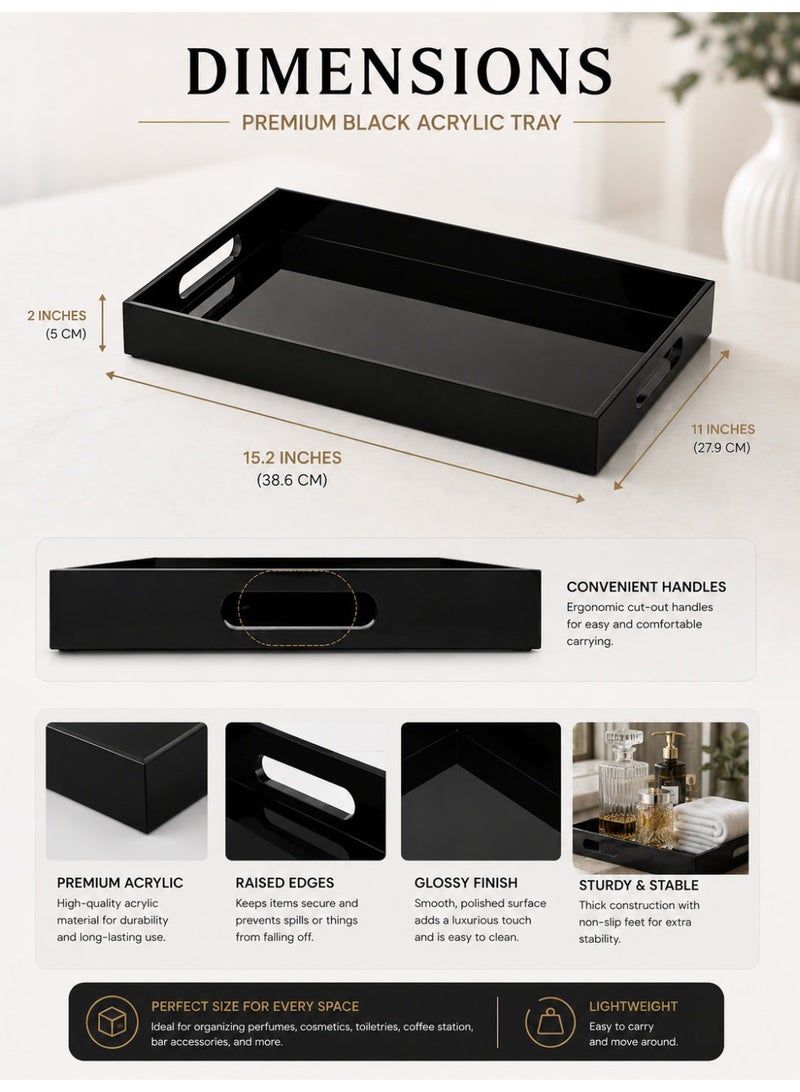 Eworld Premium Black Acrylic Serving Tray with Handles – Decorative Vanity Organizer Tray for Coffee Table, Kitchen Counter, Bathroom & Perfume Display (15.2 x 11 Inch) - Image 3