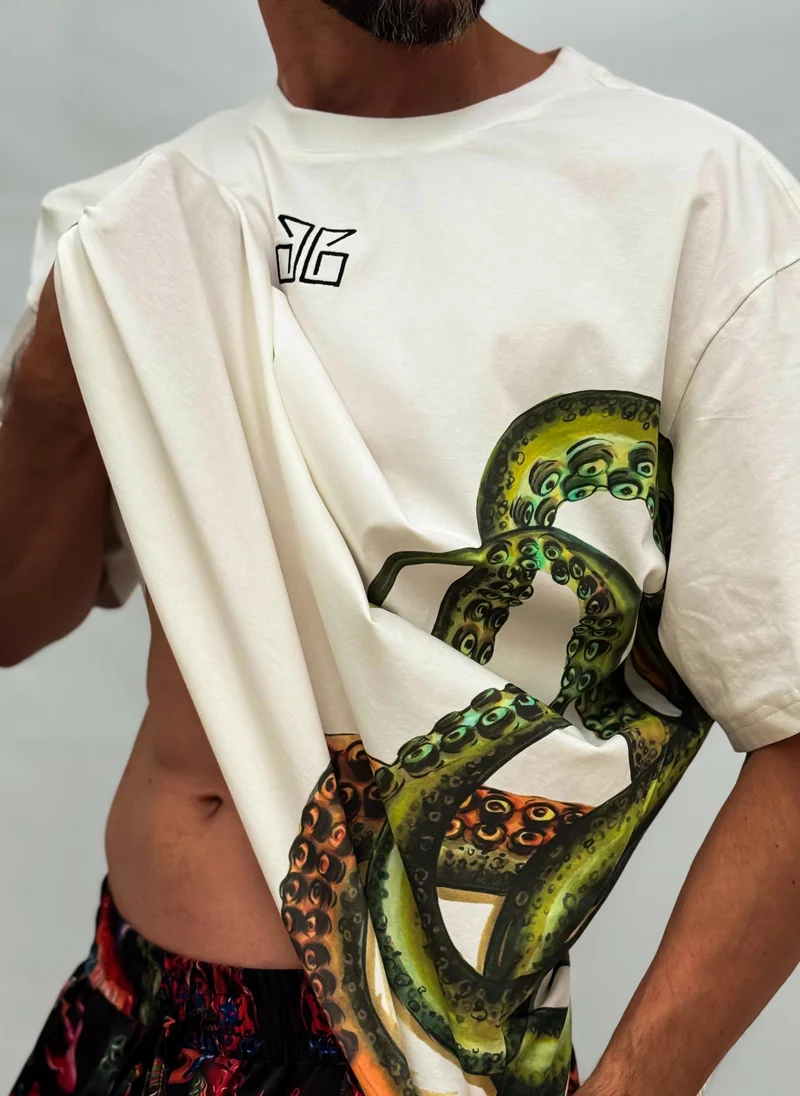 جانارا جونز Octopus Print Oversized Unisex Off White T-shirt