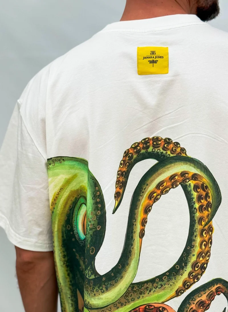جانارا جونز Octopus Print Oversized Unisex Off White T-shirt