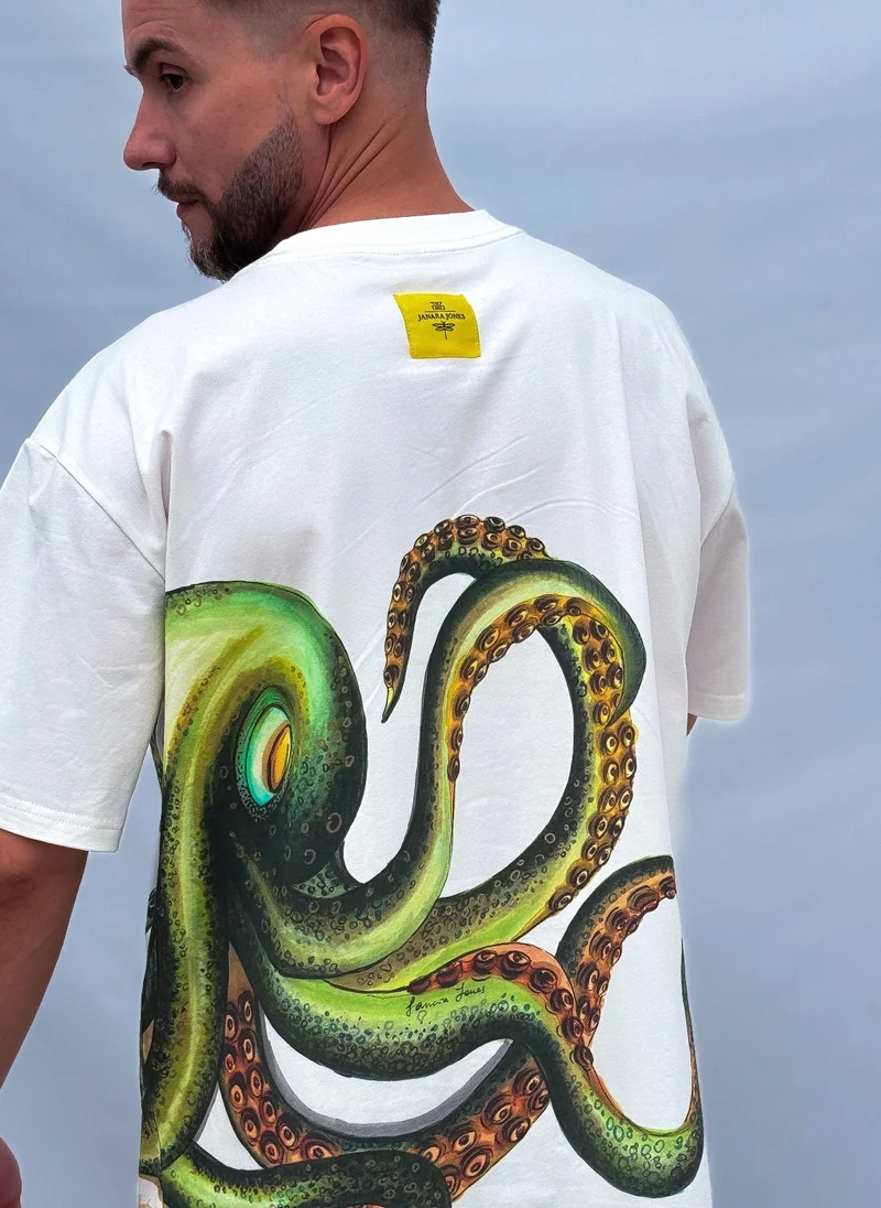 Janara Jones  Octopus Print Oversized Unisex Off White T-shirt for Women | Best Price UAE