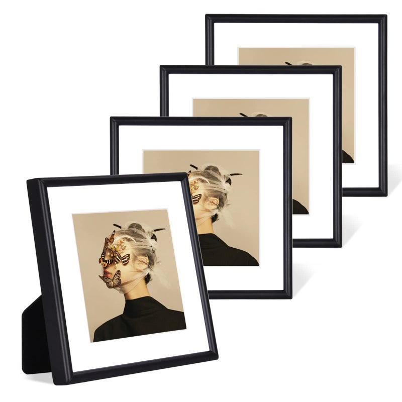 Fkvat 4x4 Picture Frame Set of 4 Matted Black Simple Modern Brushed Thin Aluminum Metal Square Photo Frame Fits 3x3 with Mat or 4 x 4 without Mat Display For Tabletop or Wall Collage