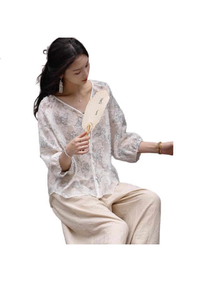 dme Romantic】Spring And Autumn Chinese Style Butterfly Cutout Shirt With Tassel Button Shirt - Image 3