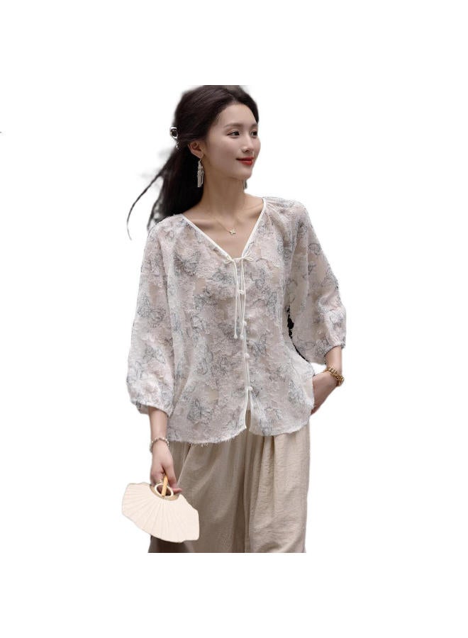 dme Romantic】Spring And Autumn Chinese Style Butterfly Cutout Shirt With Tassel Button Shirt - Image 1