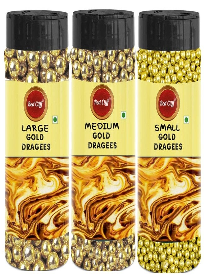 RED CLIFF Premium Gold Dragees Small+Medium+Large Sized Pearl Balls Ideal for Cake Decoration & Garnishing | 100g (Gold) | Pack of 3 | - Image 1