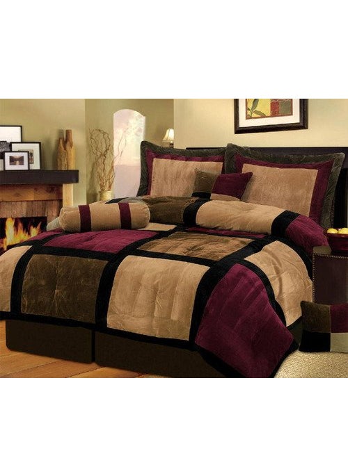 Grand Linen Grand Linen 7 Piece Burgundy Brown Black Bed in a Bag Micro Suede King Comforter Set with Accent Pillows 