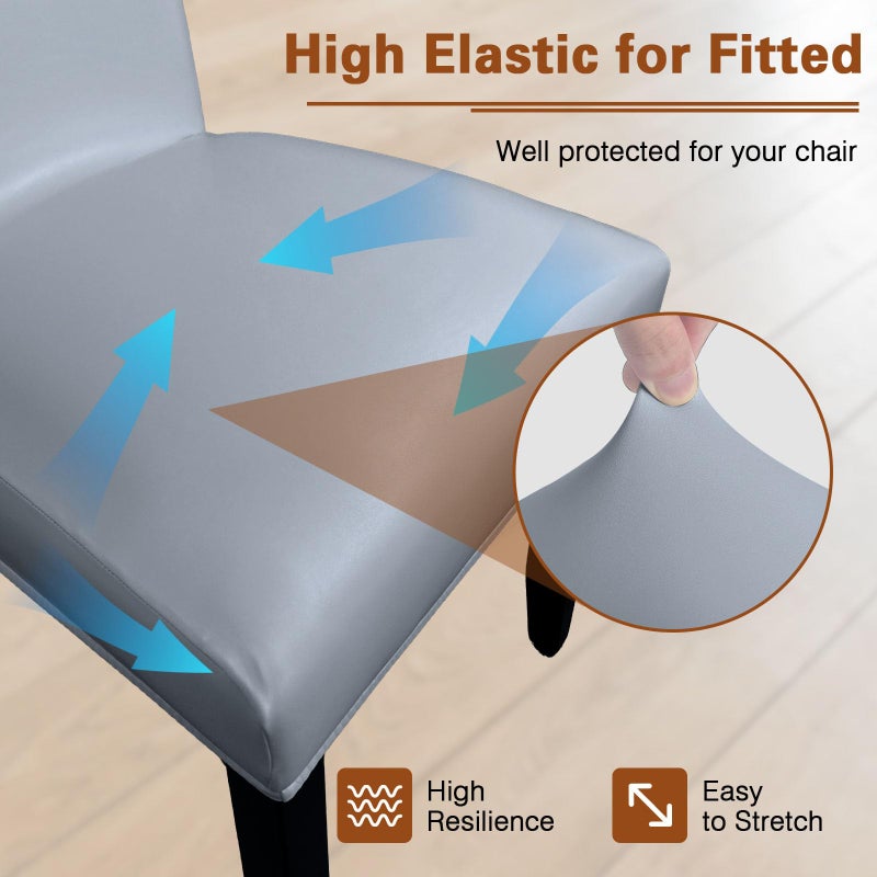WUSOUPU Gray Leather Chair Covers for Dining Chairs Set of 4, Faux Leather Dining Chair Covers Removable Wipeable Parson Chair Covers Leather, Stretch Waterproof Chair Seat Covers for Dining Chairs - Image 3