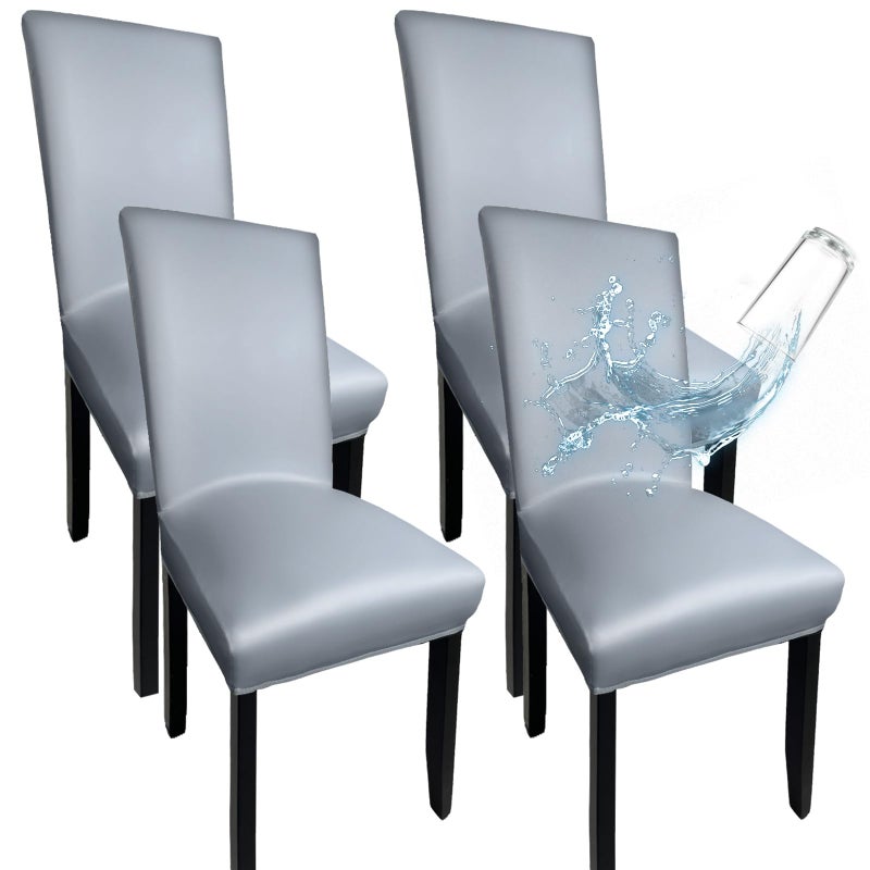 WUSOUPU Gray Leather Chair Covers for Dining Chairs Set of 4, Faux Leather Dining Chair Covers Removable Wipeable Parson Chair Covers Leather, Stretch Waterproof Chair Seat Covers for Dining Chairs - Image 1
