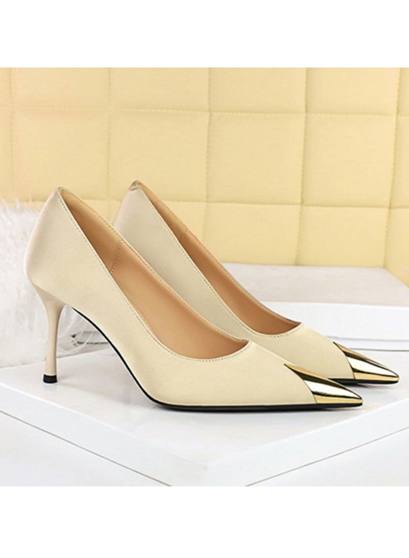 BIGTREE Women's Elegant Metal Closed Pointed Toe High Heels Satin Party Stiletto Pumps Champagne 8.5CM - Image 2