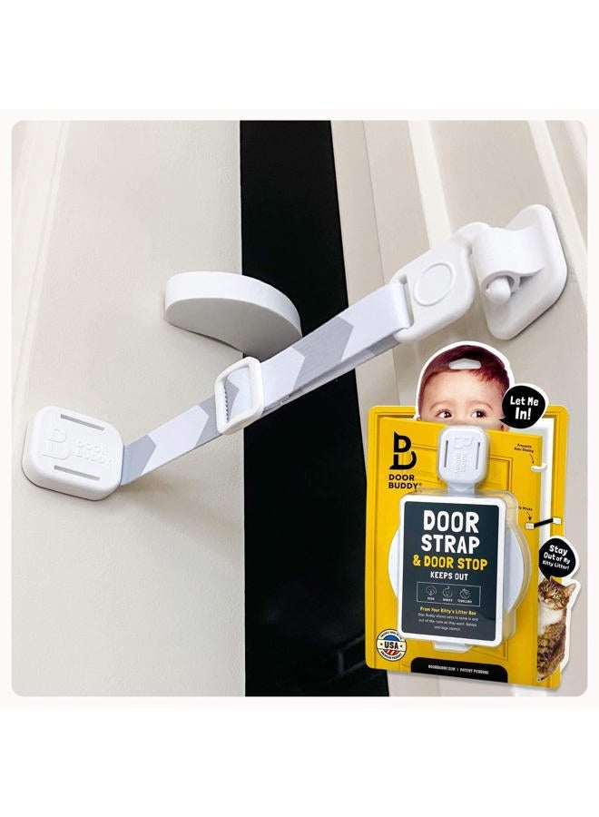 Door Buddy قفل باب مقاوم للأطفال ومثبت باب للقطط. حزام باب قابل للتعديل لقفل باب الأطفال وإبعاد الطفل عن طعام القطط وصندوق الفضلات. - Image 1