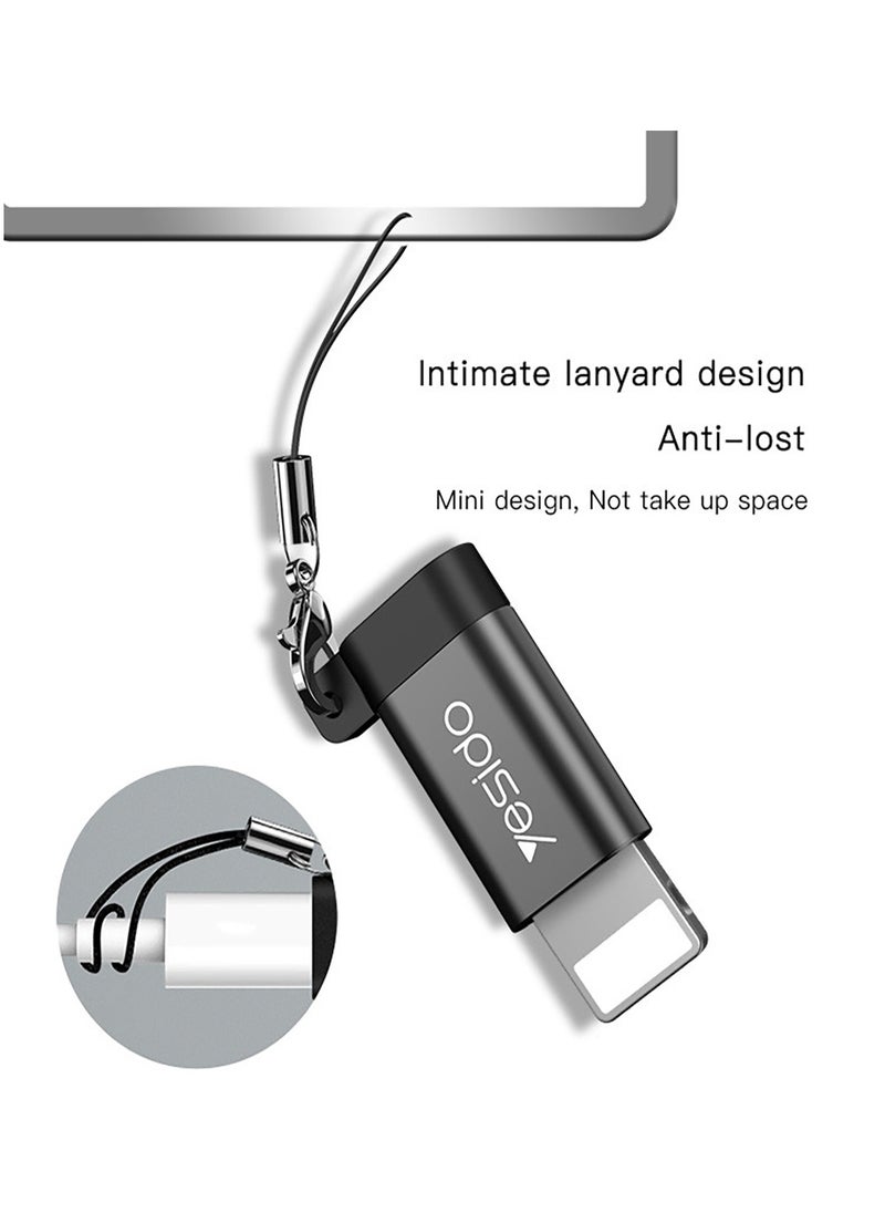 Yesido - Yesido GS05 Connector Adapter Micro to Lightning Aluminum Alloy TPE Anti-lost Lanyard Mini OTG Adapter Charging Transmission - Black - Image 1