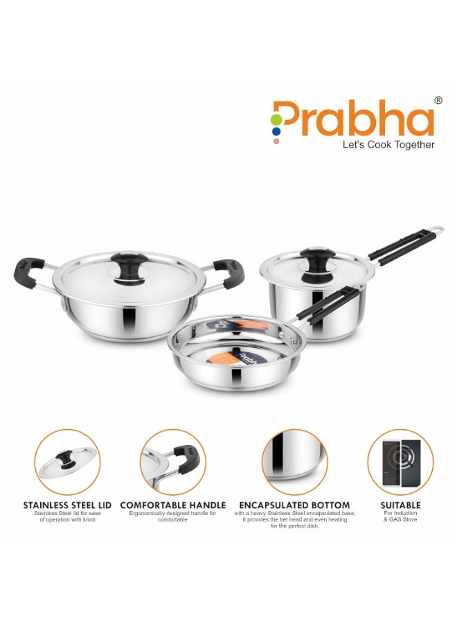Prabha Triply Stainless Steel 3 Piece Cookware Combo | Kadai & Wok with Lid | Fry Pan | Tea & Milk Saucepan Dishwasher Safe - Image 4