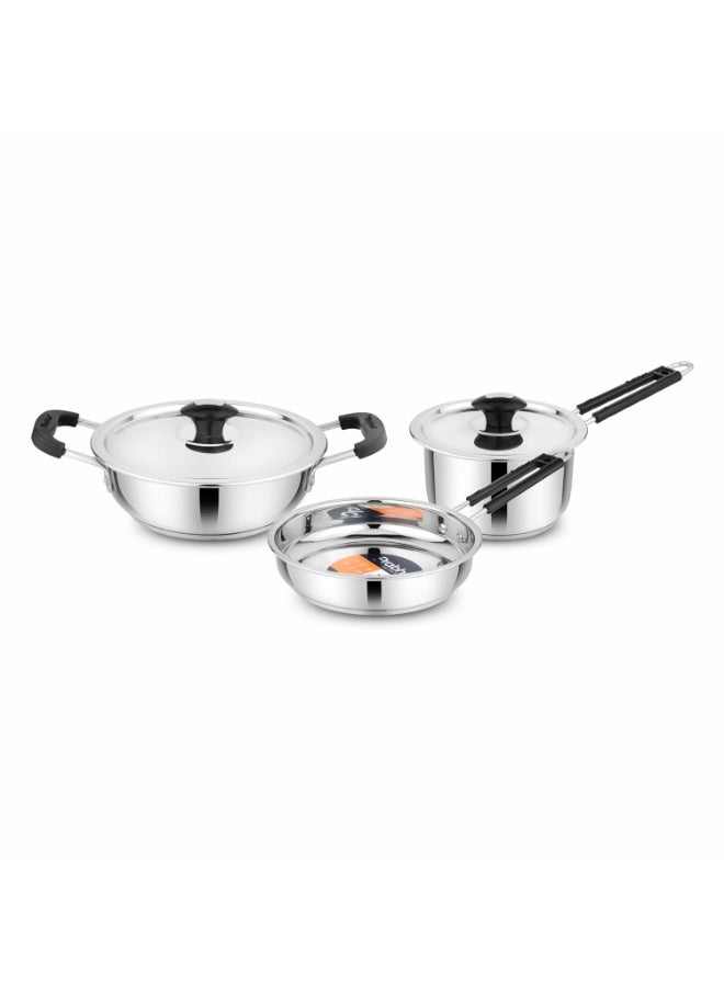 Prabha Triply Stainless Steel 3 Piece Cookware Combo | Kadai & Wok with Lid | Fry Pan | Tea & Milk Saucepan Dishwasher Safe - Image 1
