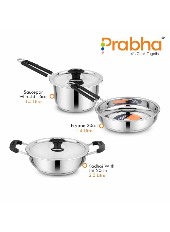 Prabha Triply Stainless Steel 3 Piece Cookware Combo | Kadai & Wok with Lid | Fry Pan | Tea & Milk Saucepan Dishwasher Safe - Image 3