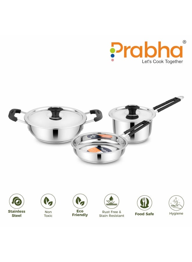 Prabha Triply Stainless Steel 3 Piece Cookware Combo | Kadai & Wok with Lid | Fry Pan | Tea & Milk Saucepan Dishwasher Safe - Image 2