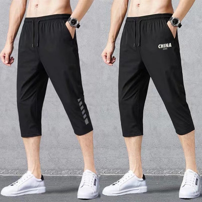 Cropped pants mens sports shorts mens summer basketball running quick-drying loose casual trendy slim fit cropped pants Black  - Image 2