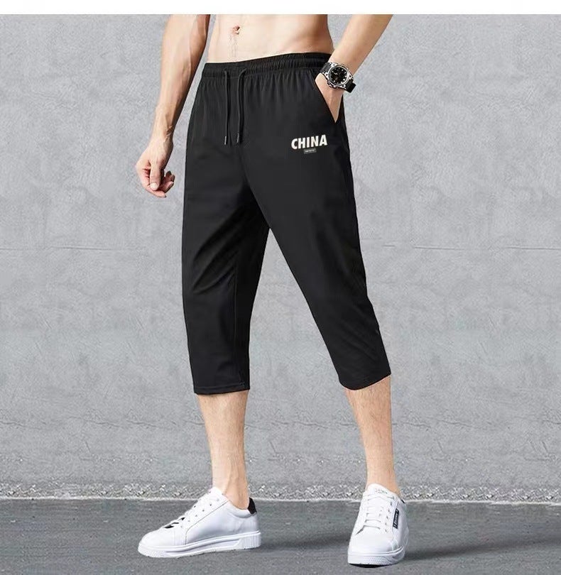 Cropped pants mens sports shorts mens summer basketball running quick-drying loose casual trendy slim fit cropped pants Black  - Image 5