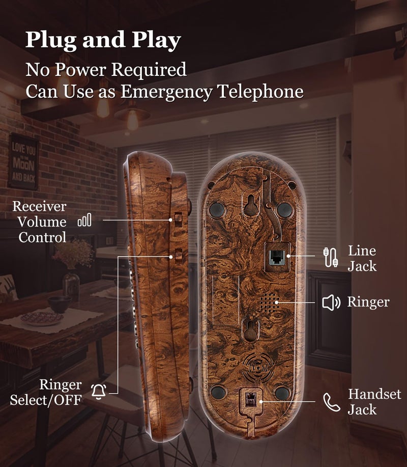 Sangyn Corded Phone Vintage Wood Grain Wall Phone, No AC Power Required, 3 Speed Dial Keys, Big Buttons, Loud Mechanical Ringer, Volume Control, Redial, Mute, Flash, Landline Phone for Home House - Image 4