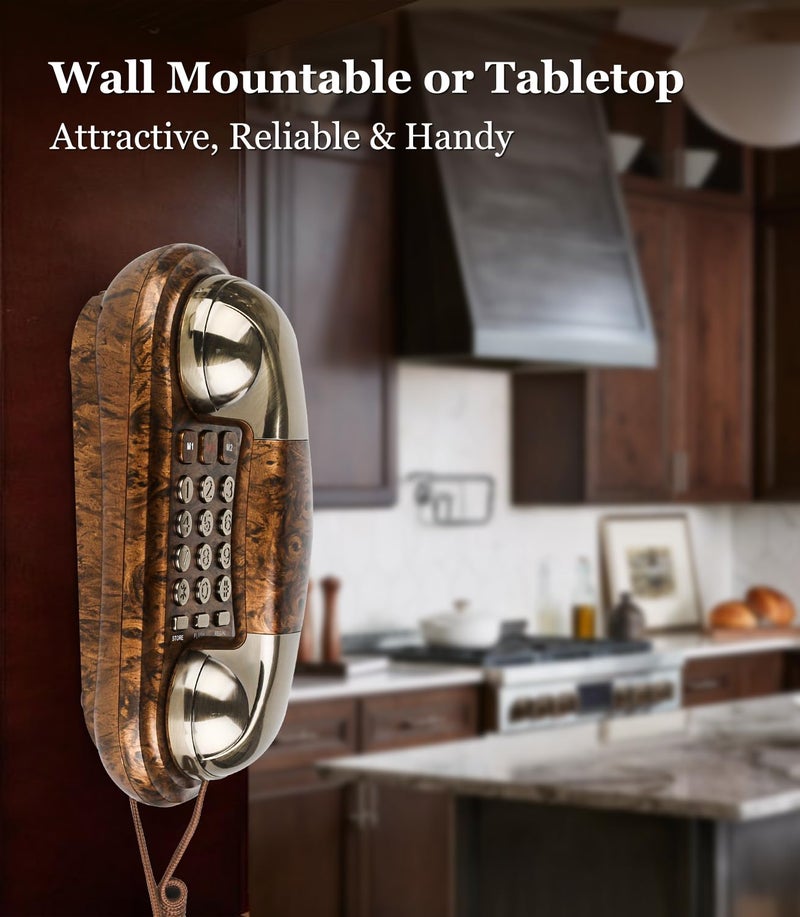 Sangyn Corded Phone Vintage Wood Grain Wall Phone, No AC Power Required, 3 Speed Dial Keys, Big Buttons, Loud Mechanical Ringer, Volume Control, Redial, Mute, Flash, Landline Phone for Home House - Image 2