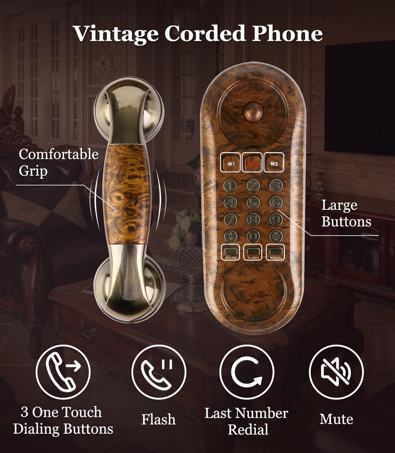 Sangyn Corded Phone Vintage Wood Grain Wall Phone, No AC Power Required, 3 Speed Dial Keys, Big Buttons, Loud Mechanical Ringer, Volume Control, Redial, Mute, Flash, Landline Phone for Home House - Image 3