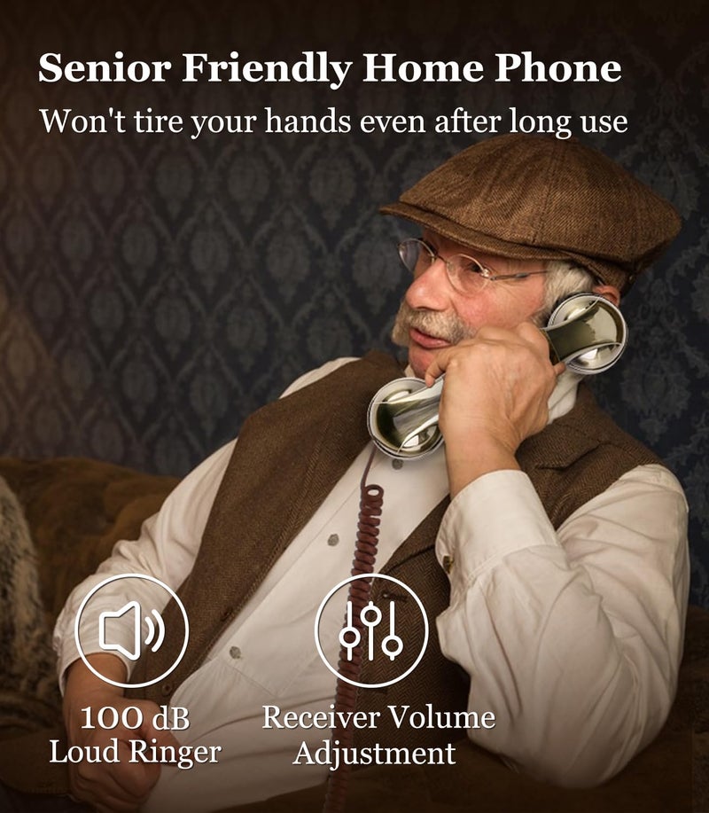 Sangyn Corded Phone Vintage Wood Grain Wall Phone, No AC Power Required, 3 Speed Dial Keys, Big Buttons, Loud Mechanical Ringer, Volume Control, Redial, Mute, Flash, Landline Phone for Home House - Image 5