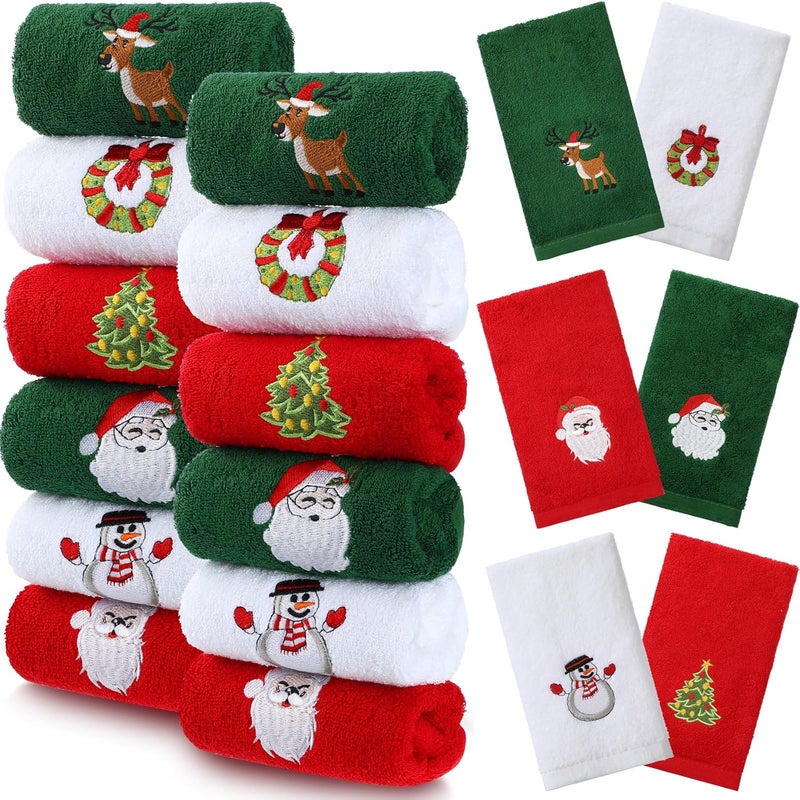 Macarrie 18 Pieces Christmas Hand Towels for Bathroom Kitchen  Embroidered Santa Reindeer Snowman Tree Dish Towels  Soft Green Red White Fabric Decorative Towels Gift Set - Image 1