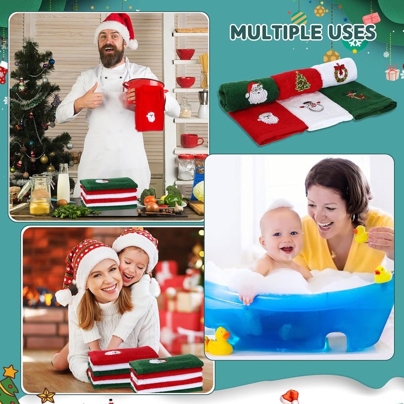 Macarrie 18 Pieces Christmas Hand Towels for Bathroom Kitchen  Embroidered Santa Reindeer Snowman Tree Dish Towels  Soft Green Red White Fabric Decorative Towels Gift Set - Image 5