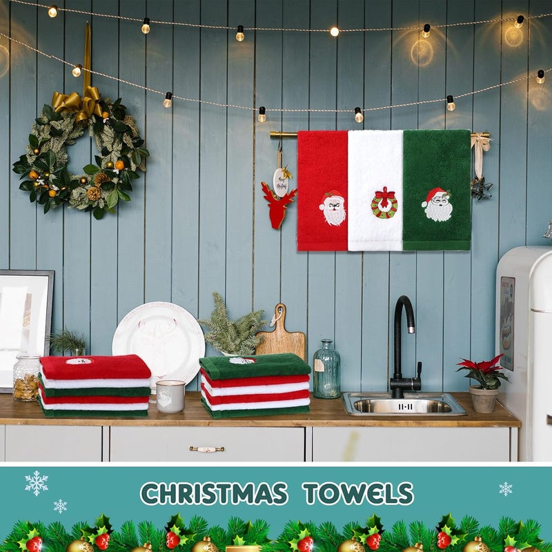 Macarrie 18 Pieces Christmas Hand Towels for Bathroom Kitchen  Embroidered Santa Reindeer Snowman Tree Dish Towels  Soft Green Red White Fabric Decorative Towels Gift Set - Image 3