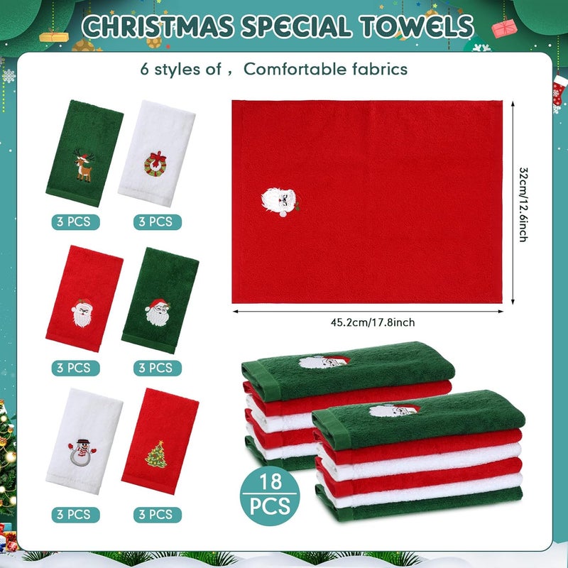 Macarrie 18 Pieces Christmas Hand Towels for Bathroom Kitchen  Embroidered Santa Reindeer Snowman Tree Dish Towels  Soft Green Red White Fabric Decorative Towels Gift Set - Image 2