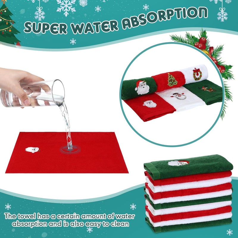 Macarrie 18 Pieces Christmas Hand Towels for Bathroom Kitchen  Embroidered Santa Reindeer Snowman Tree Dish Towels  Soft Green Red White Fabric Decorative Towels Gift Set - Image 4