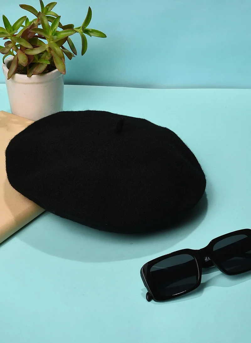 Black Solid Vintage French Beret Hat