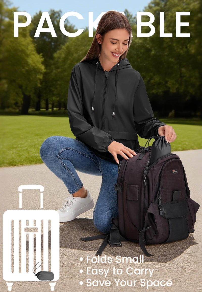 Zando Waterproof Windproof Windbreaker Jacket Women- Packable Raincoats for Women with Hood Black Rain Jacket Lightweight Rain Jackets for Outdoor Travel Hiking Commute Walk Gifts XL - Image 2