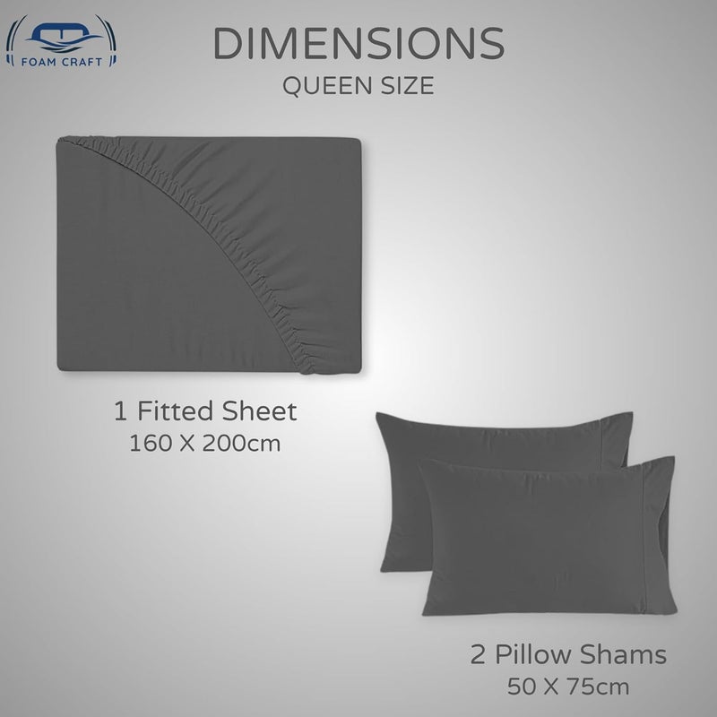 FOAM CRAFT 3 Piece Fitted Sheet Set - Queen Size Fitted Bed Sheet & 2 Pillow Shams, 100% Cotton, 300TC, Grey - Image 2